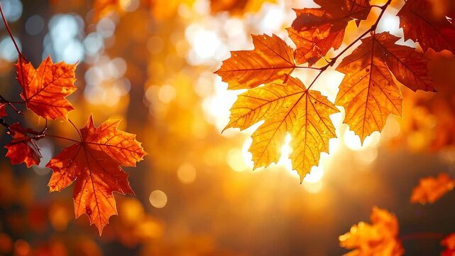 Warm autumn sunlight filters through vibrant orange maple leaves, creating a beautiful seasonal scene.
