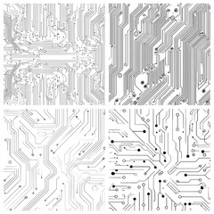Circuit board patterns, geometric tech designs in grayscale, abstract, grid