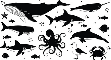Marine Life Silhouette Collection Featuring Whale Shark Dolphin Octopus Narwhal Crab Seagull and Tropical Fish Icons Isolated on White Background for Design © Mim's World