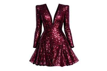 Obraz premium Burgundy sequin mini dress featuring a v-neck and long sleeves, elegant party fashion garment for celebration