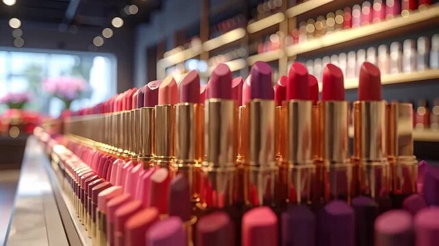 Rows of colorful lipsticks displayed in a store, creating an attractive cosmetic arrangement.