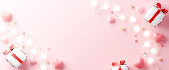 Valentine's Day banner with 3D pink gift boxes, hearts, and lights on a soft pink background. with copy space.