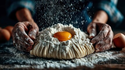 Close-up of hands mixing ingredients for baking, focus on dough and flour, home baking. 