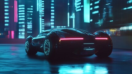 Futuristic electric vehicle reflecting neon city lights at night