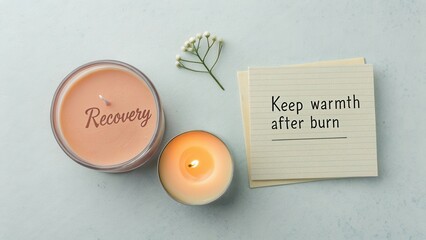 Conceptual image of recovery featuring a candle, a notepad, and a message for healing from burns and injuries