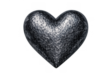 Hammered metal heart symbol representing love, passion, and strong emotions, with transparent background