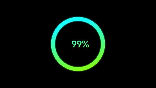 A dynamic cyan color circle loading animation, and loading to completed 1 to 99% animation. on a black background. and creating a stunning 4k video.