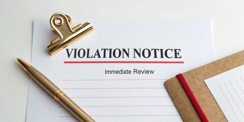 Violation Notice for Immediate Review on Official Document with Pen and Clip Board on Table Background