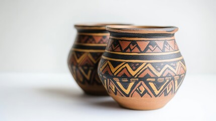 Ceramic clay flower and plant pots with colourful indigenous ornaments in pottery studio isolated on white background
