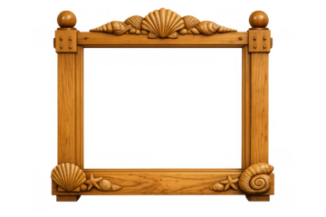 Wooden frame with carved seashells and starfish, decorative old marine border concept for nautical theme, transparent background