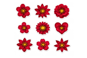 Red flower stickers set showcasing various bloom shapes including a heart, perfect for spring, love, and decorative designs