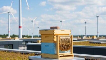 Fototapeta premium Rooftop Apiary Nestled Amongst Wind Turbines and Green Roofs.