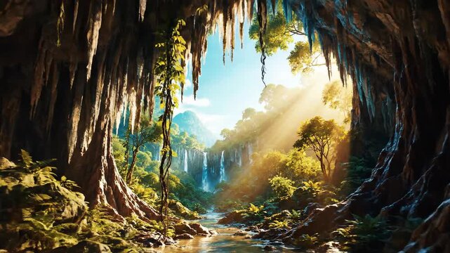 Sunlit cave opening in lush jungle scene.