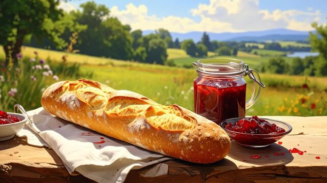 Freshly baked baguette and homemade jam on a wooden table in nature.
