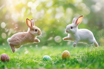 Obraz premium Jumping bunnies celebrate spring with colorful eggs in a vibrant garden scene during Easter festivities