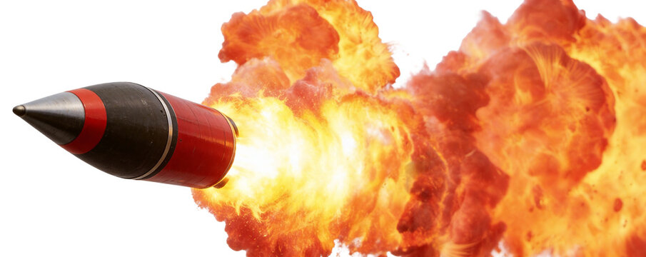 A missile with red and black warhead emits bright flames and fire during launch, illustrating propulsion and explosive power, symbolizing military technology and defense capabilities.