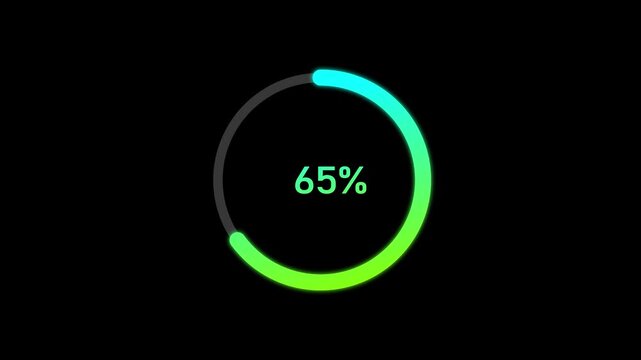 A dynamic cyan color circle loading animation, and loading to completed 1 to 65% animation. on a black background. and creating a stunning 4k video.