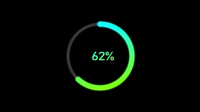 A dynamic cyan color circle loading animation, and loading to completed 1 to 62% animation. on a black background. and creating a stunning 4k video.