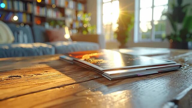 Cozy living room interior with sunlight streaming through the window, illuminating books.