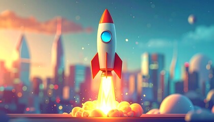 A cartoon rocket blasts off above a city skyline, with a colorful sky at dawn or dusk