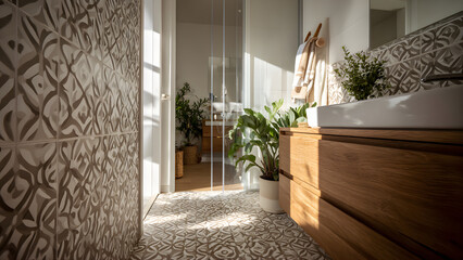 Cosy bathroom featuring printed ceramic tiles backsplash on the wall depicting a geometric waves design with intricate, flowing patterns of interlocking curves and sharp angles, modern, minimalistic b