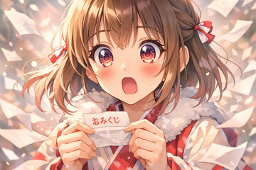 Cute girl surprised by omikuji fortune at New Year shrine
