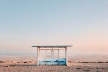 Early Morning Empty Bus Stop Bench with No Passengers in Calm Seascape Background