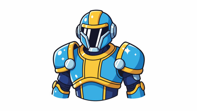 A blue and yellow cartoon robot wearing armor against a white background with a futuristic feel.