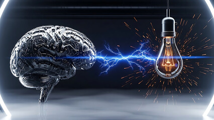 artificial intelligence idea generation with robotic brain sparking creative innovation and technological thinking in a futuristic digital concept environment.