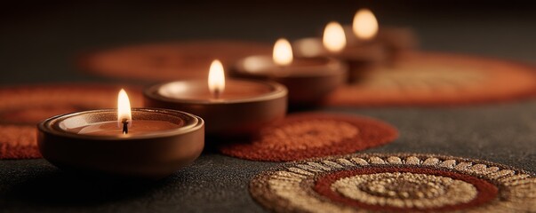 Modern Diwali Oil Lamps Aligned on Decorative Mats for Visual Branding Enhancement