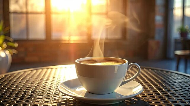 A cup of hot coffee with steam on a l table, warm sunlight.