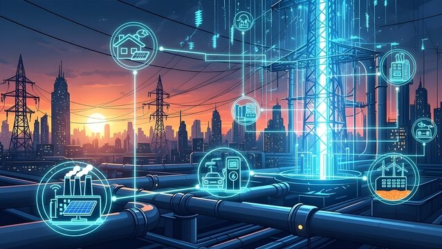 Futuristic smart city at sunset with sustainable energy network. Modern illustration of natural gas pipelines, power lines, and glowing green icons connecting industry and urban households.