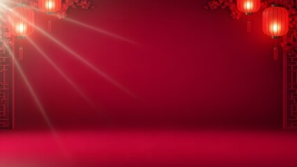 Vibrant red background with traditional Chinese lanterns and bright light rays, creating a festive and celebratory atmosphere for cultural events.