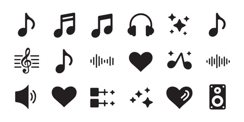 Collection of music and sound icons featuring notes, headphones, sparkles, hearts, and speakers © MDABDUR