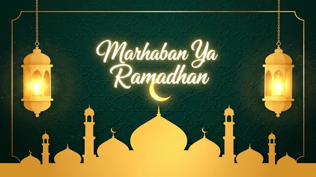 Marhaban Ya Ramadhan Background with Mosque Silhouette and Golden Lanterns