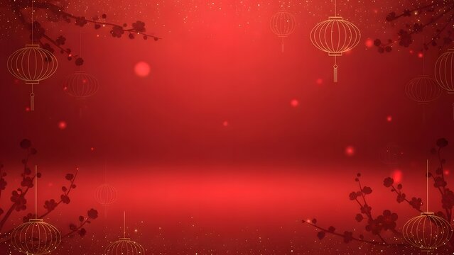 Vibrant red background with golden lanterns and cherry blossom branches, evoking a festive Asian celebration.