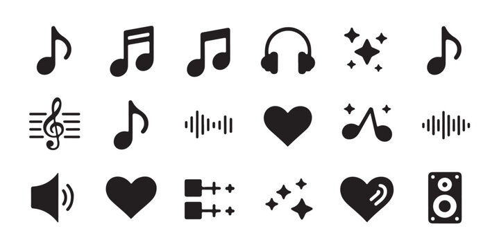 Collection of music and sound icons featuring notes, headphones, sparkles, hearts, and speakers