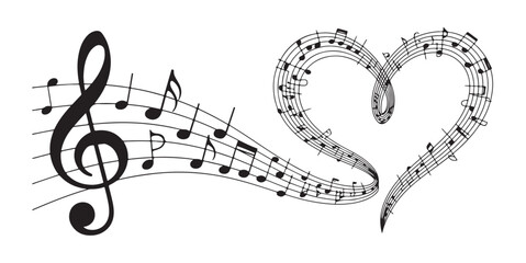 Treble clef music notes staff forming heart shape graphic design element for romantic background © MDABDUR