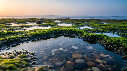green algae tidal pools showcase smooth colorful pebbles and peaceful ocean reflections along a vast rocky intertidal zone at golden hour.