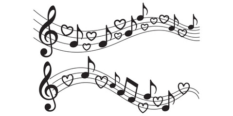 Romantic music staff with flowing notes and heart symbols for love song melody lines