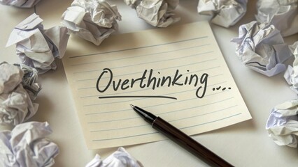 Overthinking and Creativity Block Concept with Crumpled Papers Surrounding Paper Note and Pen on a Desk