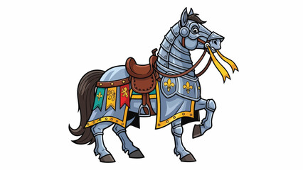 Illustration of a knight's horse in armor with colorful saddle blanket and reigns on white background.
