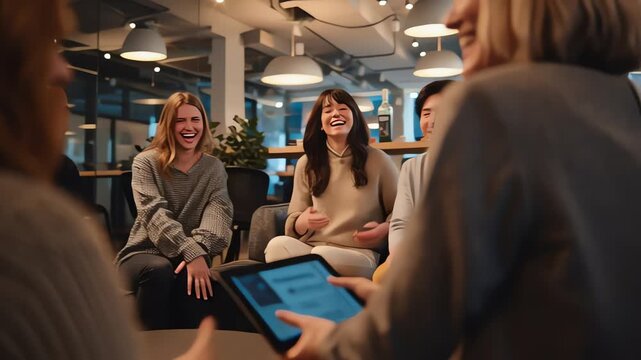 Group of young adults collaborating with a tablet in a modern office with warm tones and a relaxed mood.