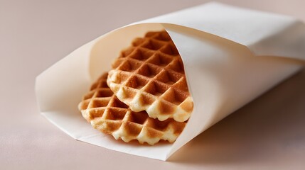 minimalist commercial waffle photography, a golden waffle partially visible inside a square paper bag,