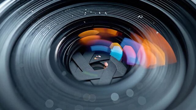 Close-up of a camera lens with colorful reflections, showcasing optical technology.