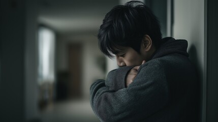 不安で胸を押さえる日本人男性