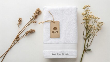 White Towel with Peace Tag and Dried Flowers for Tranquil Home Decor and Self-Care Inspiration