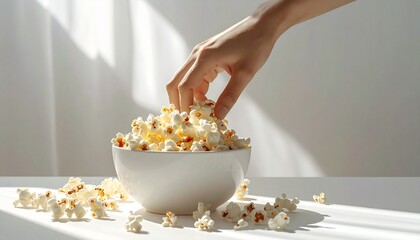 부드러운 햇살 아래 팝콘을 집는 손 Hand Reaching for Popcorn in a White Bowl with Soft Sunlight