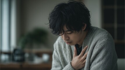 Fototapeta premium 不安で胸を押さえる日本人男性