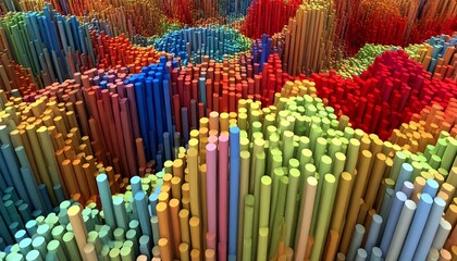 Vibrant Abstract Digital Landscape Illustration with Colorful Textured Columns Representing Data Visualization or a Futuristic Cityscape Grid